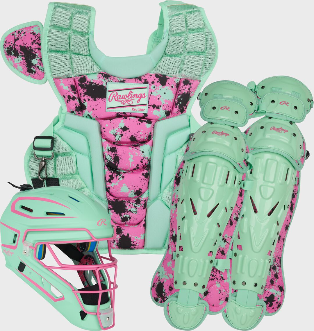 Limited Edition Mach Mint/Pink Spatter Catcher's Gear Set, Adult, Intermediate, Youth